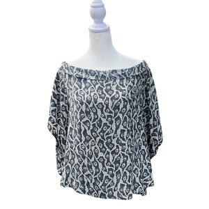 SUNO Blue Green Off The Shoulder Patterned Boxy Silk Blouse Size Medium